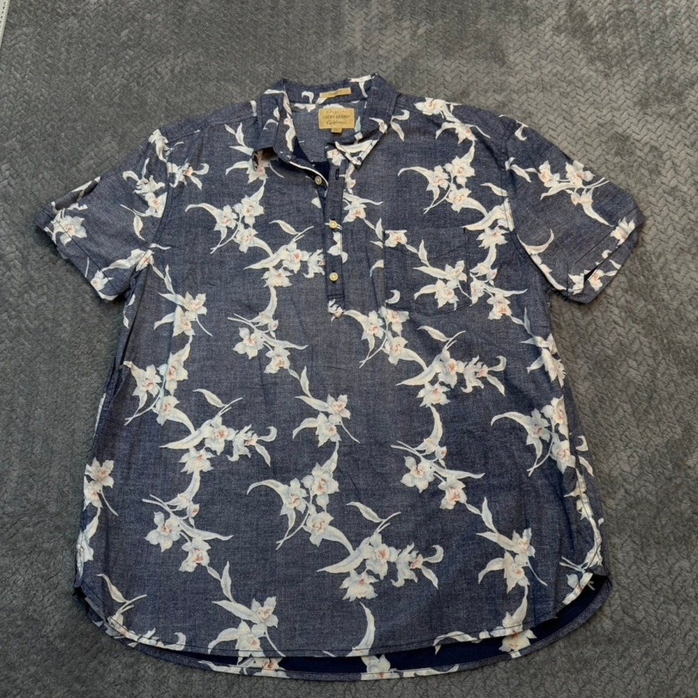 Lucky Brand Shirt Mens XL Classic Fit Blue Floral Popover Short Sleeve Cotton